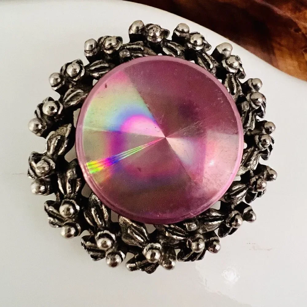 Jewelarama Brooch Prism Round Pinkish Reflective Dark Silver Tone 4156